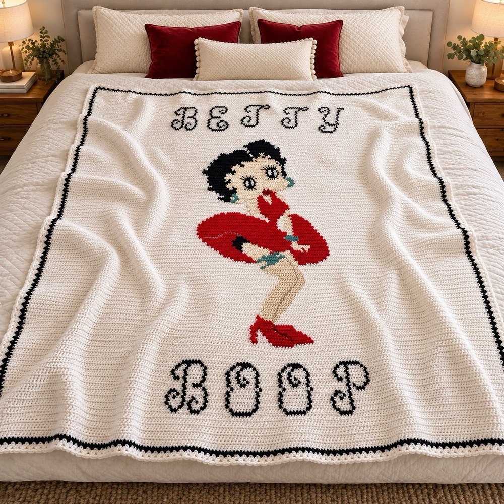 Handmade Betty Boop Crochet Blanket Large Throw White Red Black 60x95